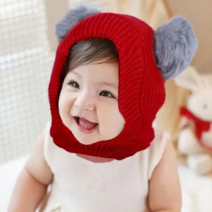 Baby Moo Adorable Pom Pom Knitted Beanie Woollen Cap - Red