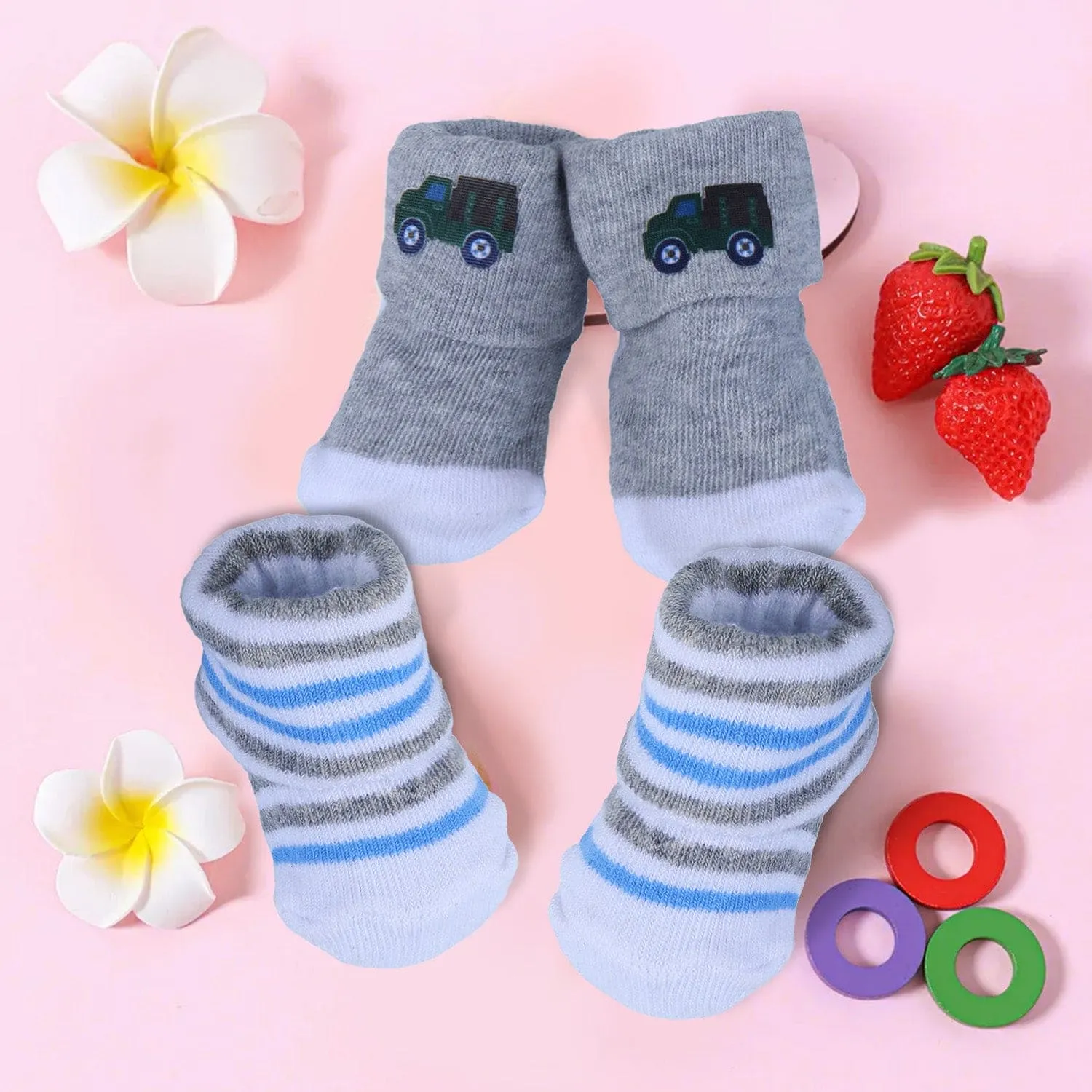 Baby Moo Truck And Stripes Newborn Breathable Infant Cotton Socks - Grey