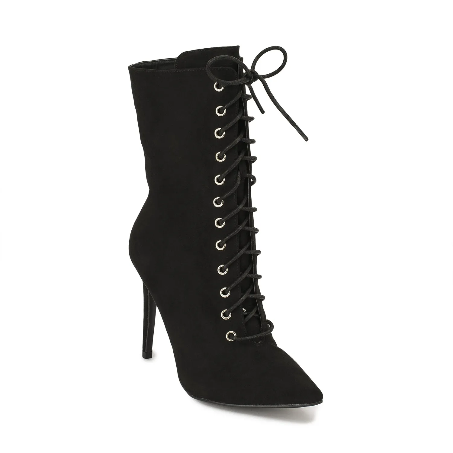 Black Faux Suede Stiletto Lace Up Ankle Boots