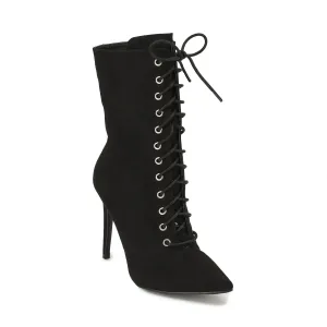 Black Faux Suede Stiletto Lace Up Ankle Boots