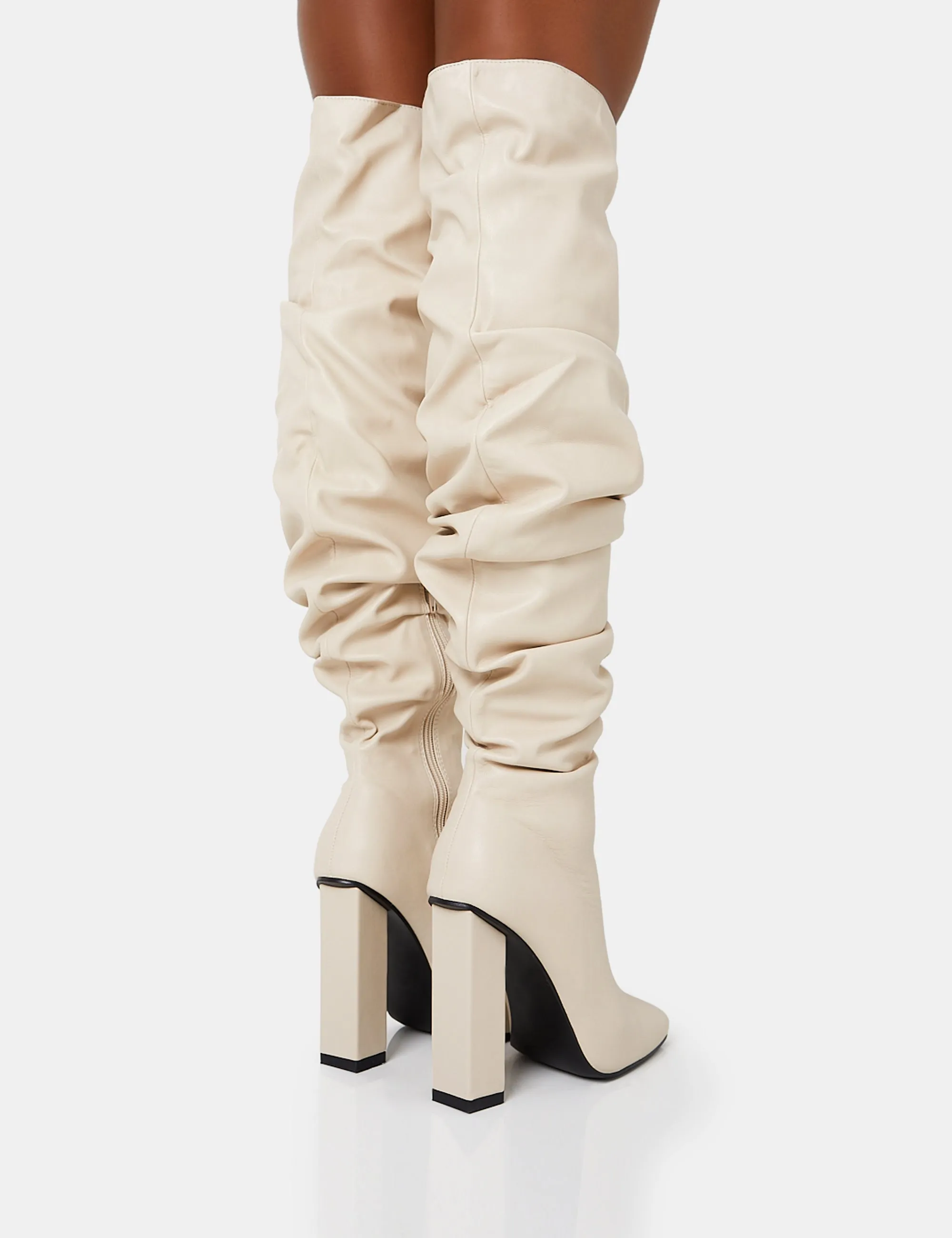 Cassia Ecru Square Toe Block Heel Over The Knee Boots