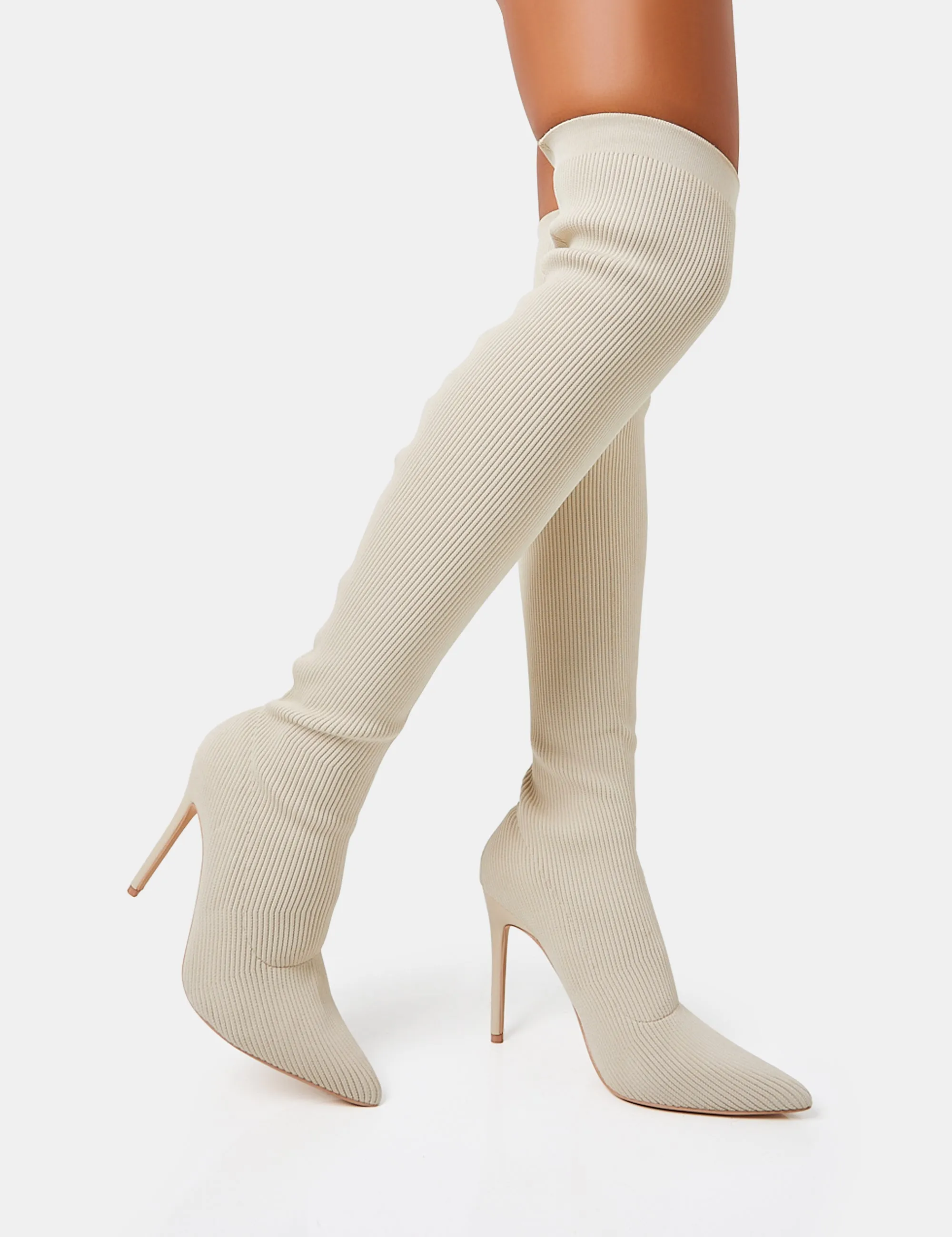 Chateau Off White Knitted Sock Stiletto Over The Knee Pointed Boots