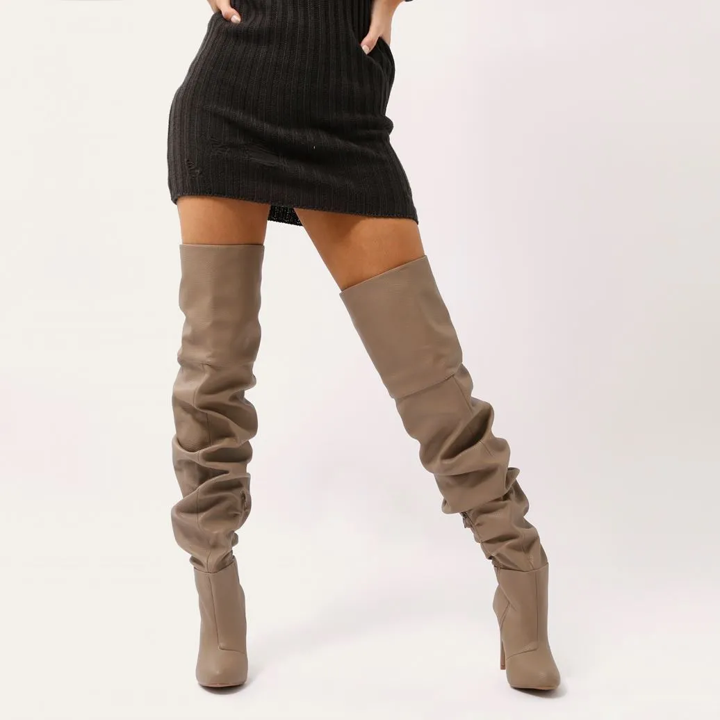 Ciara Over The Knee Slouch Boots in Taupe