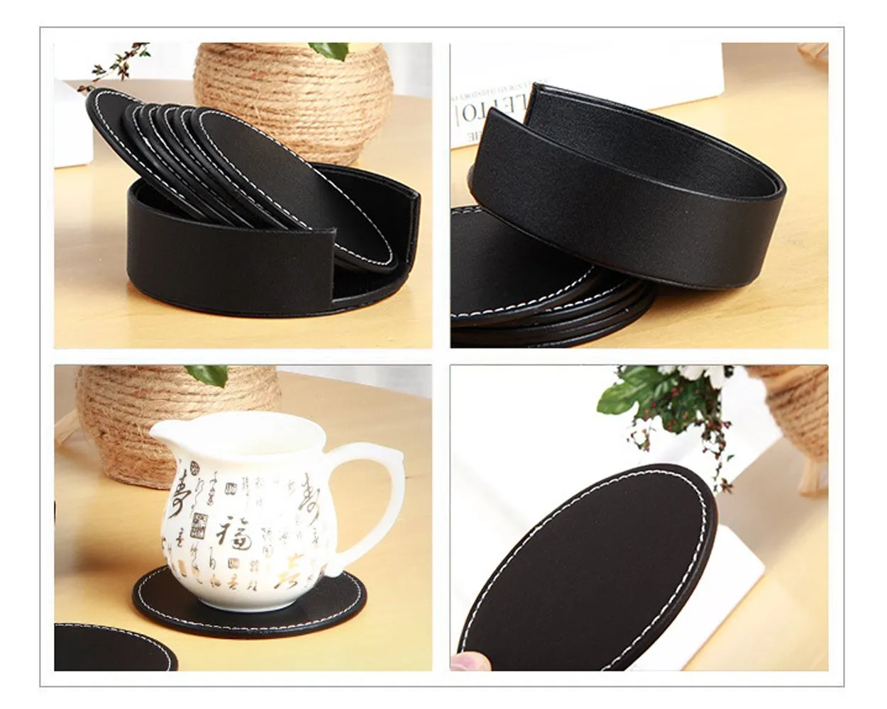 Drink Coasters 6 Pieces PU Leather Coasters with Holder - Black