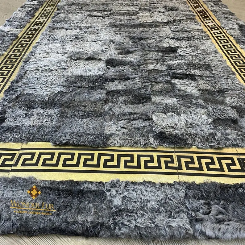 Gray Luxury Soft Sheepskin Area Rug with Gold Pattern, Handamde Interier Floor Rug