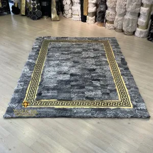 Gray Luxury Soft Sheepskin Area Rug with Gold Pattern, Handamde Interier Floor Rug