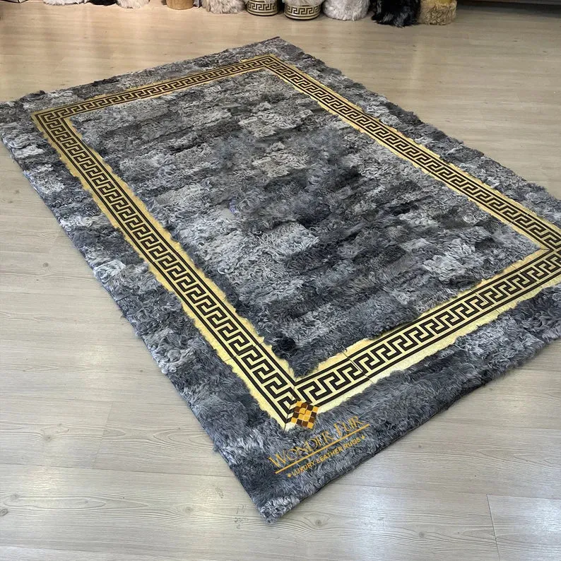 Gray Luxury Soft Sheepskin Area Rug with Gold Pattern, Handamde Interier Floor Rug