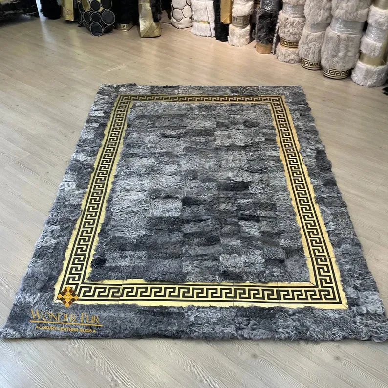 Gray Luxury Soft Sheepskin Area Rug with Gold Pattern, Handamde Interier Floor Rug