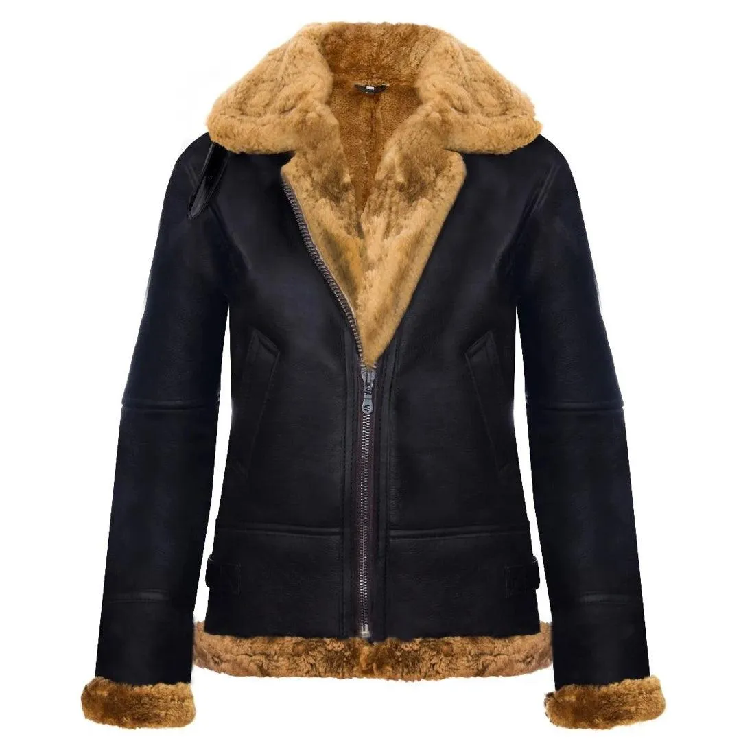 Ladies Aviator New Ginger Women's Hooded Real Shearling Sheepskin Leather Jacket