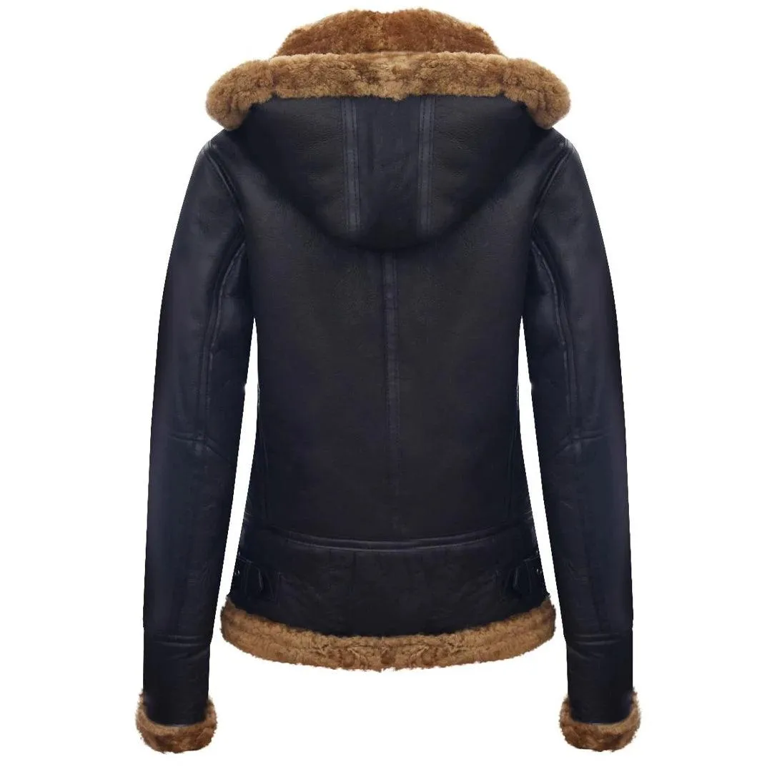 Ladies Aviator New Ginger Women's Hooded Real Shearling Sheepskin Leather Jacket