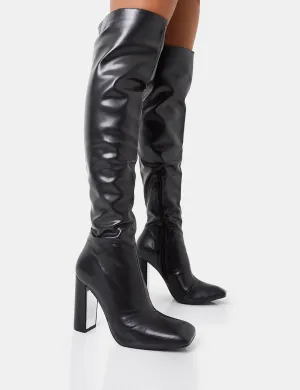 Lasta Black Pu Rounded Square Toe Block Heeled Over The Knee Boots