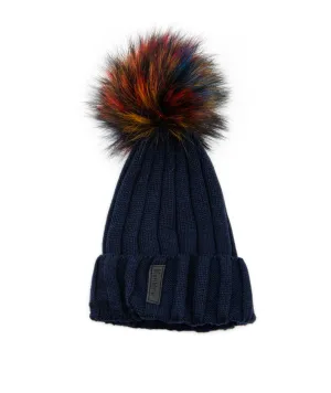 Maniere Navy Ribbed Merino Wool Hat With Multi Pom