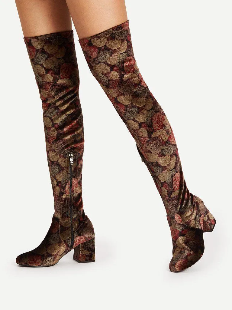 Mix Pattern Over Knee Block Heeled Boots