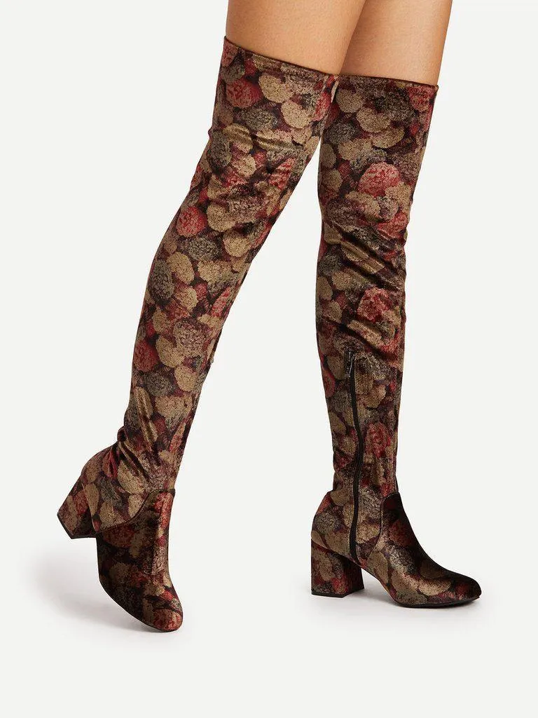 Mix Pattern Over Knee Block Heeled Boots