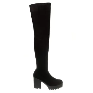 Over The Knee Stretch Fabric Medium Heel And Cleated Platform Sole