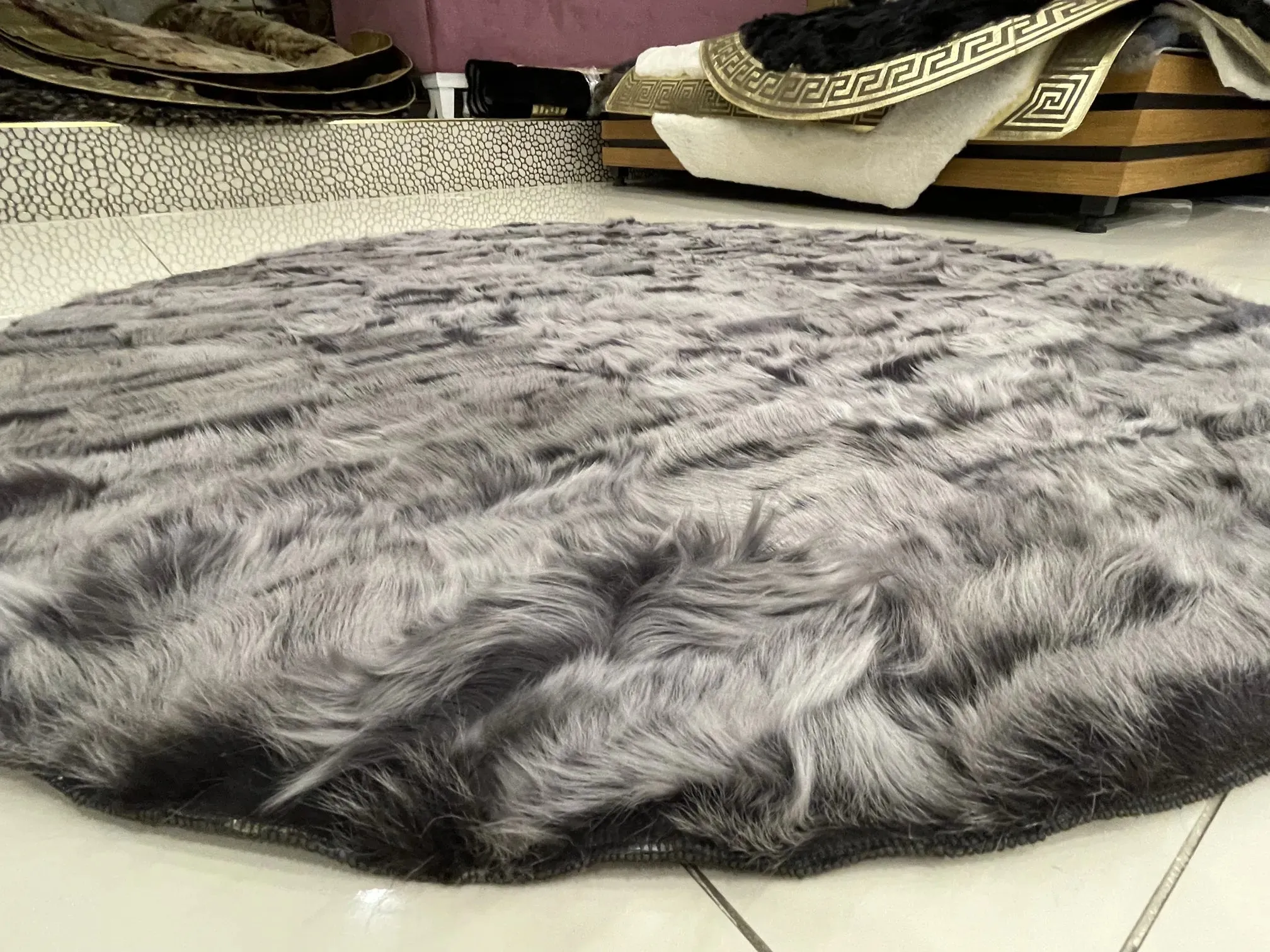 Patchwork Shaggy Handmade Gray Genuine Sheepskin Fluffy Soft Round Rug