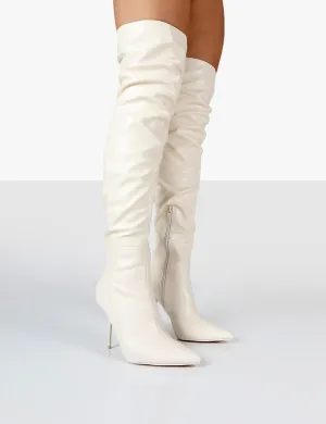 Tianna Ecru Pu Pointed Toe Over The Knee Stiletto Boots