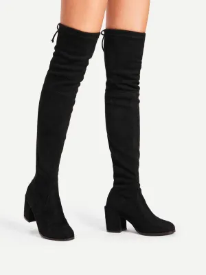 Tie Back Over Knee Block Heeled Boots