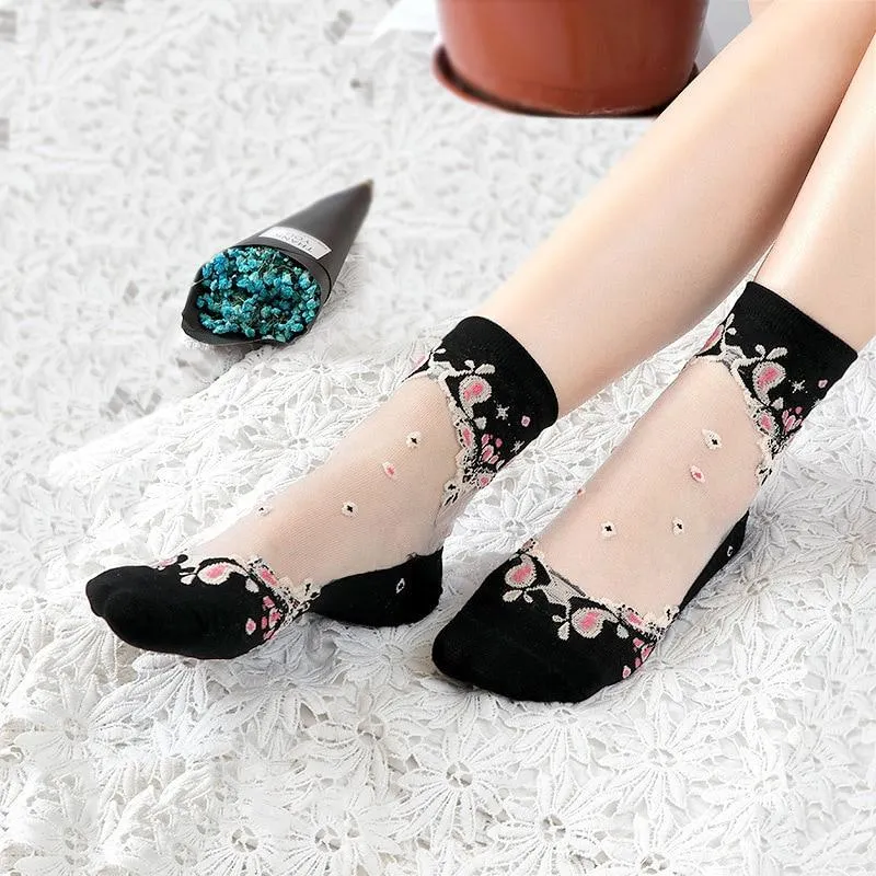 Women Lace Soft  Sheer Silk Elastic Mesh Knit Frill Trim Socks