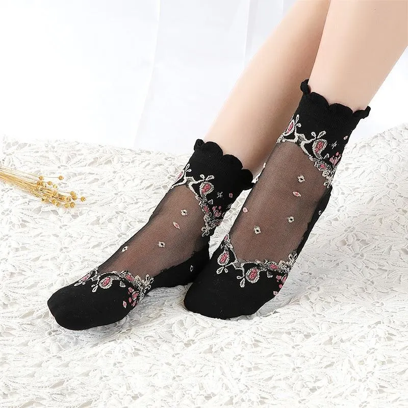 Women Lace Soft  Sheer Silk Elastic Mesh Knit Frill Trim Socks