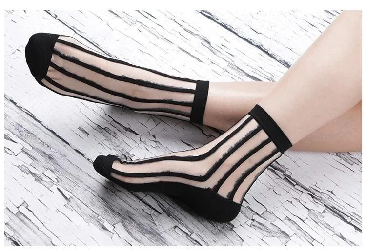 Women Lace Soft  Sheer Silk Elastic Mesh Knit Frill Trim Socks